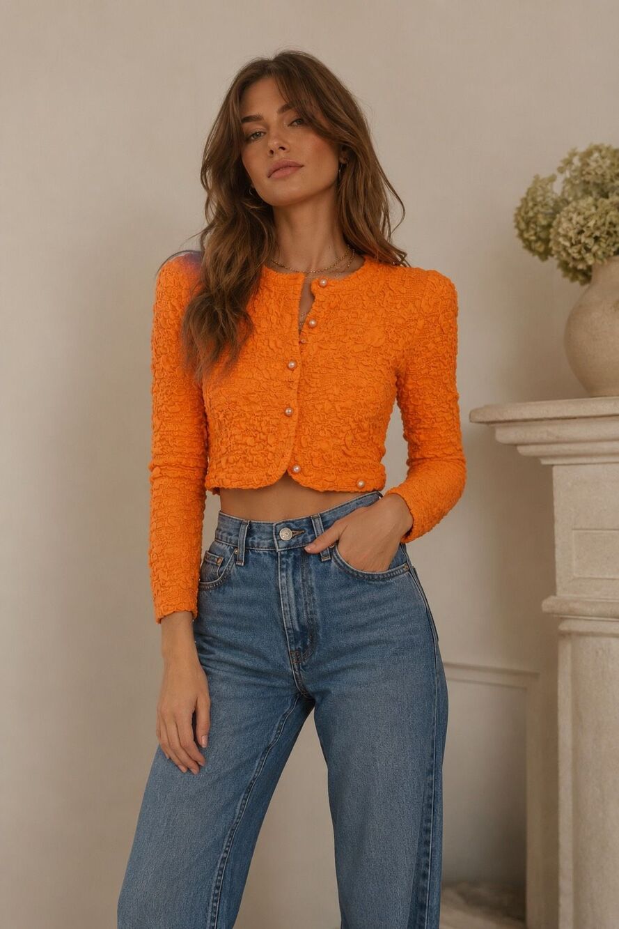 NWOT LOVESHACKFANCY Neon Tangerine Senina Crop Cardigan Sz XS, $235 D8 - Picture 2 of 9